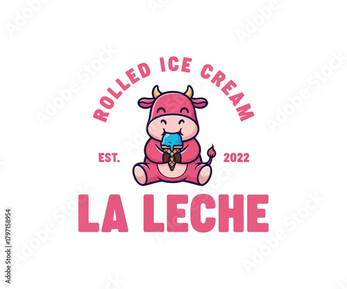 La leche logo with cute cow eating ice cream vector illustration
