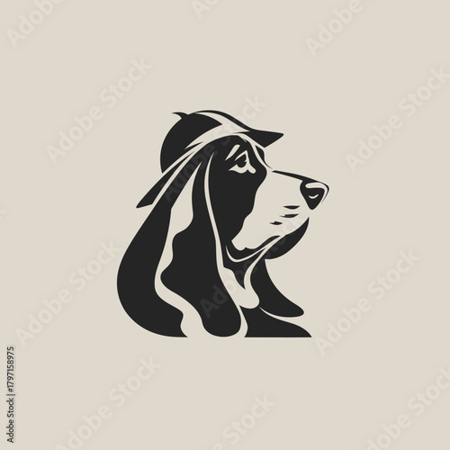 Elegant black and white illustration of a dog head wearing a stylish fedora hat in profile view. Thoughtful canine pet mascot design.