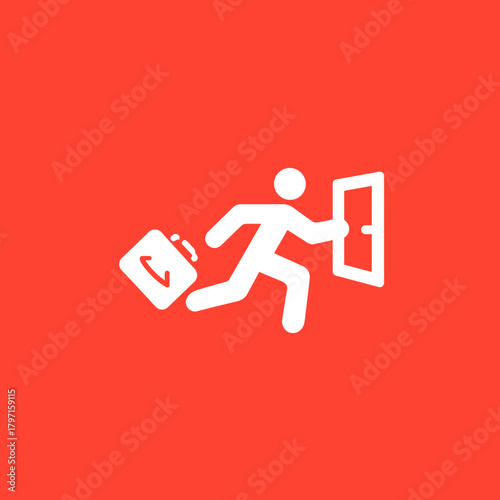 Business exit icon: Person running with briefcase towards an open door. Departure, leaving office, urgent travel, job change concept.