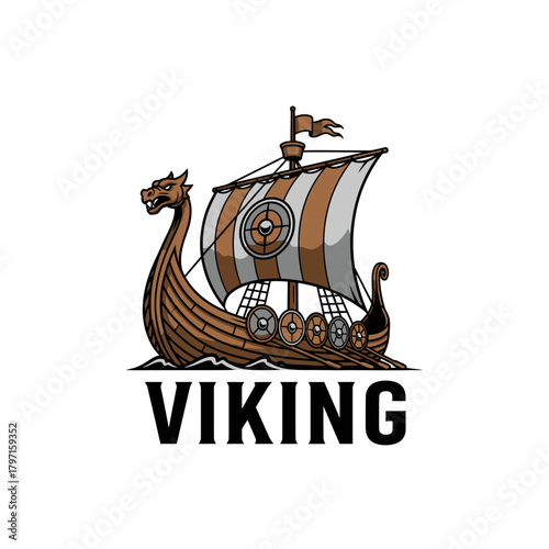 A cartoon depiction of a Viking longship sailing with a sail, shields, and a dragon head carving
