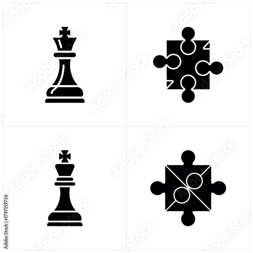 Chess Piece and Puzzle Icon Set Isolated on White for Design and Creative Use