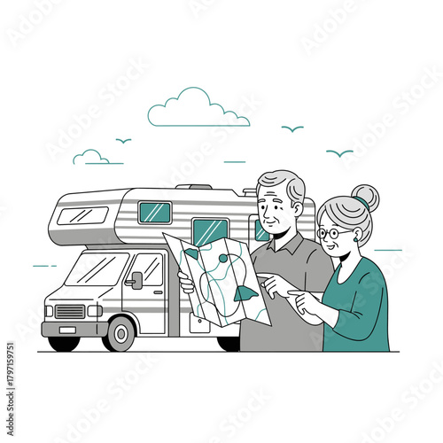 Illustration of a senior couple exploring a map next to their RV under a sketched sky