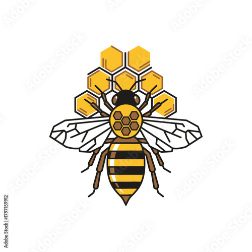 A stylized illustration features a bee with honeycomb behind it. Graphic in yellow, black, and brown