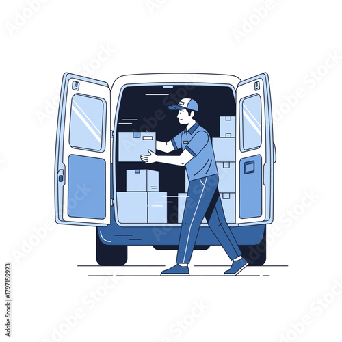 Illustration depicts a delivery person loading packages into the open back of a delivery van