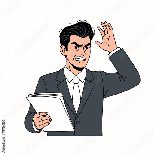 Cartoon-style illustration of a frustrated man in a suit, raising his hand, holding papers