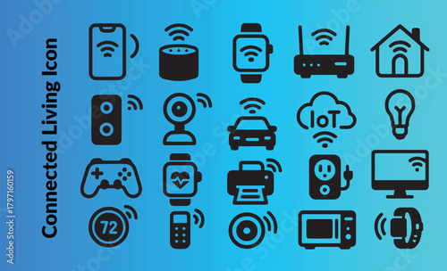 Connected Living Solid Icon Set. Smart Home Automation, IoT (Internet of Things) and Wireless Network Vector Collection. Digital Devices.