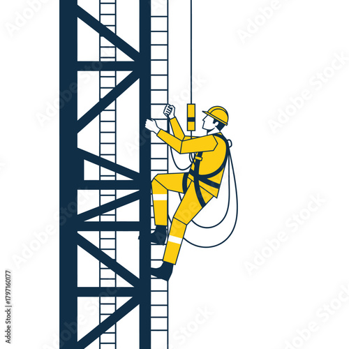 Illustration of a worker in safety gear climbing a tall structure with a secure harness