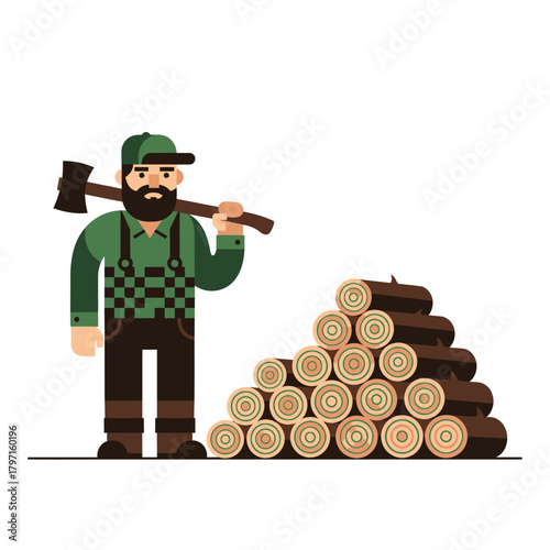 Flat illustration of a lumberjack with ax and logs on white