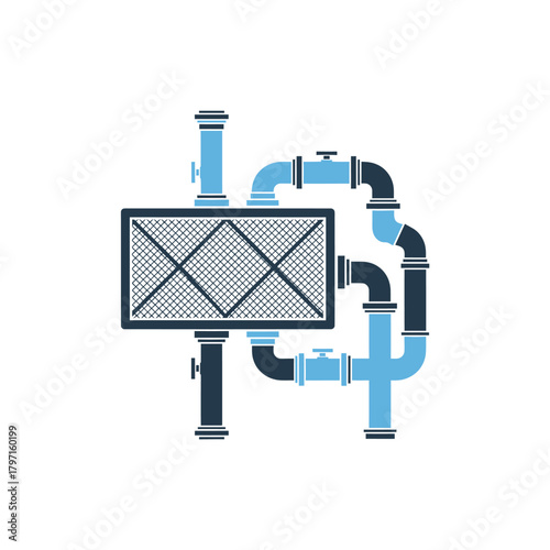 A geometric illustration of plumbing featuring a rectangular filter and connecting pipes