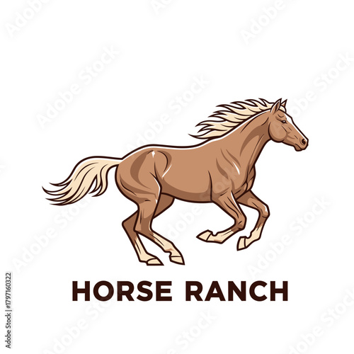 A brown horse in motion with flowing mane and tail, the text "HORSE RANCH" below