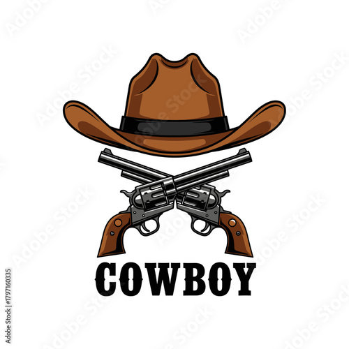 A stylized illustration features a cowboy hat above crossed revolvers, with the word "COWBOY" beneath
