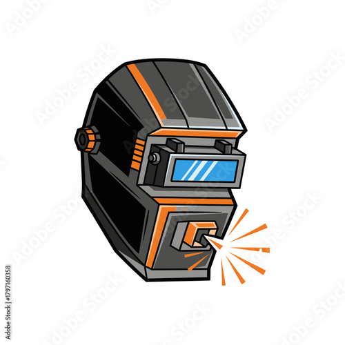 A stylized illustration of a welding helmet with sparks emanating from the lower front