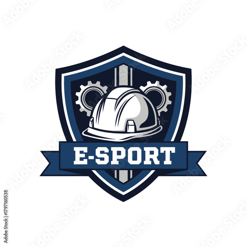 A crest-shaped illustration featuring a hard hat, gears, and a banner with text