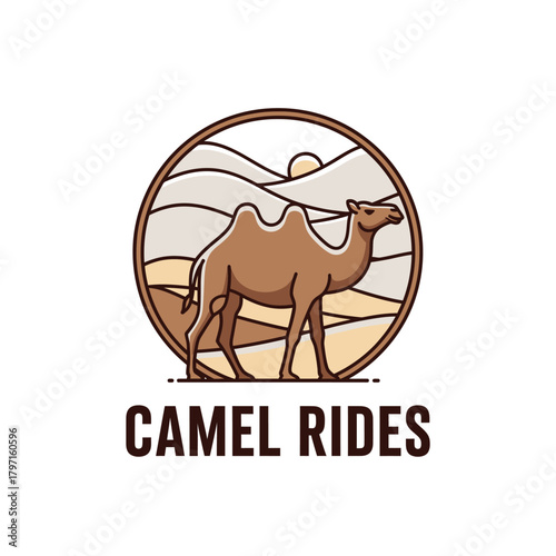 A camel illustration within a circular frame depicting a desert scene with a sun and mountains
