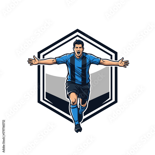 A footballer celebrates with arms outstretched, on a white background, within a hexagon-shaped badge