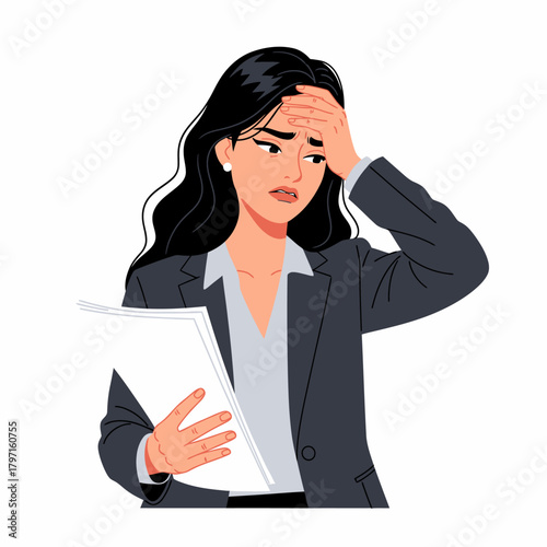 A concerned businesswoman wearing a suit holds paperwork, hand on her forehead, appearing stressed