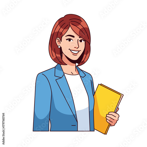 A smiling woman with auburn hair in a blue blazer holds a yellow folder. She is looking forward