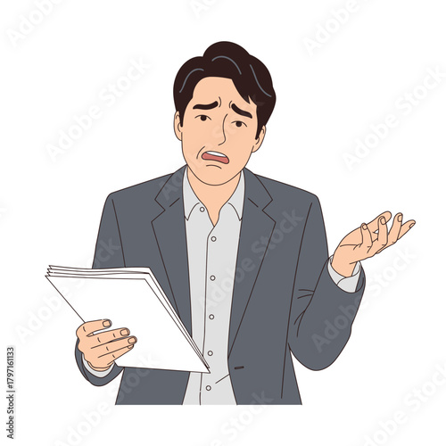 Illustration of a man with dark hair in a gray suit, holding papers, and looking confused