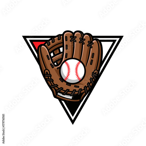 A baseball glove holding a ball set against a black and white triangle, with a red detail