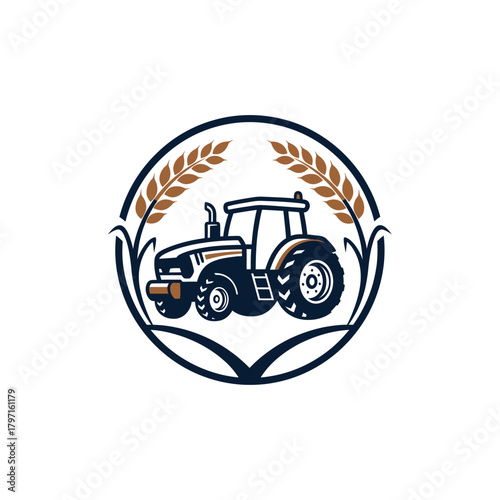 A stylized tractor illustration within a circular frame, enclosed by wheat stalks. Features a vintage aesthetic