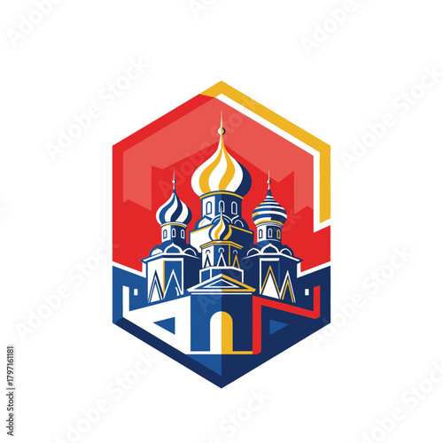 Stylized illustration of a church with colorful domes and geometric elements. Enclosed within a hexagon