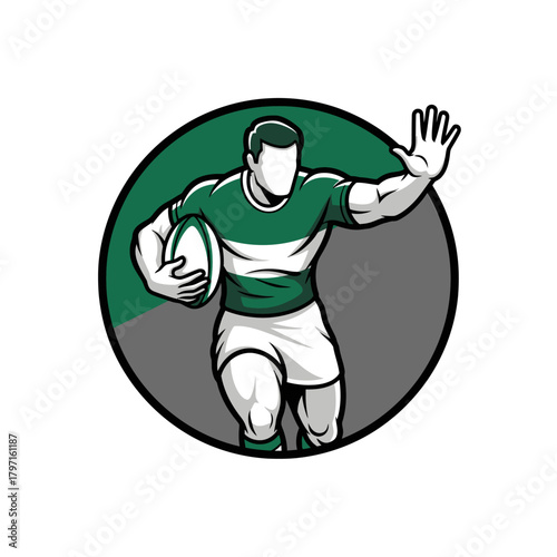 A stylized rugby player in action, running, ball in hand, inside a circle
