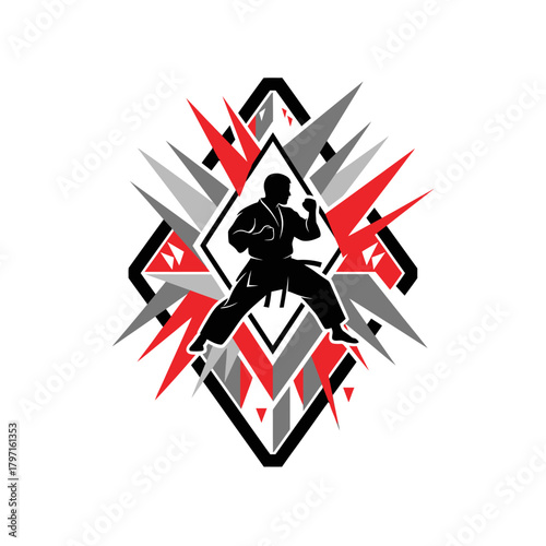 Black silhouette of a martial artist in stance, surrounded by geometric shapes in red, gray, and black