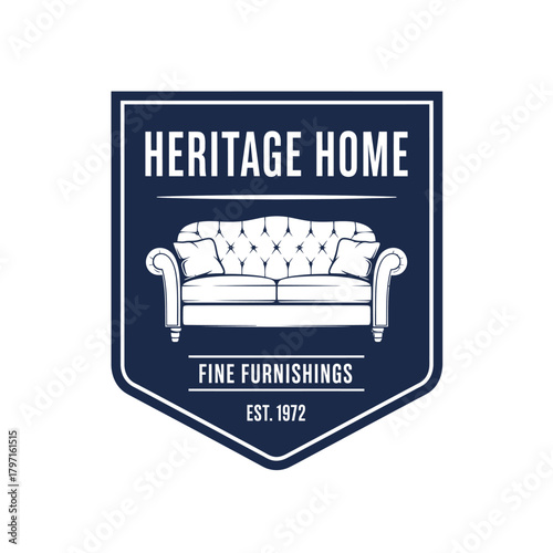 A crest-shaped logo in navy blue, white outlines a sofa, with text 
