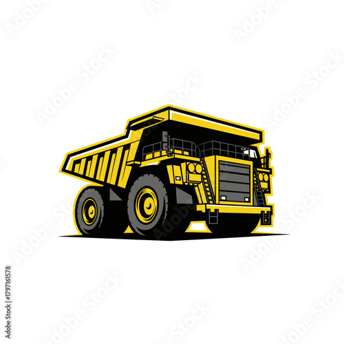 Large, yellow and gray industrial dump truck isolated on white, facing towards the viewer
