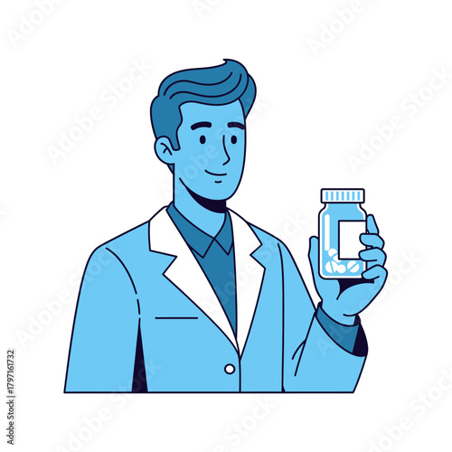 Illustration of a man in medical attire holding a pill bottle against a plain white background