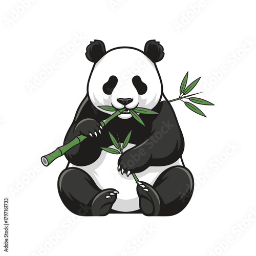 A cartoon-style panda bear sits and enjoys a bamboo branch. It is a simple, white background image