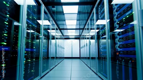 Modern Data Center Server Room with Rows of Racks and Blue Lights.