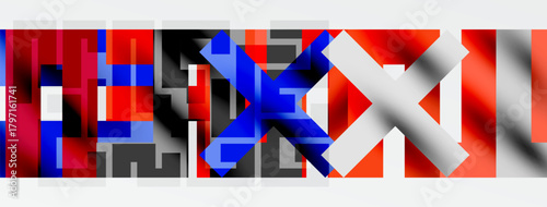 Abstract geometric composition. Red, blue, gray blocks create dynamic visual texture. Modern art style, bold shapes present.