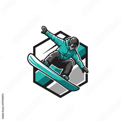 A snowboarder in action, wearing teal attire, within a geometric frame. It conveys energy and movement