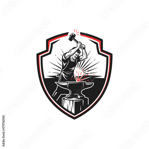 A black and white shield illustration of a blacksmith hammering on an anvil, creating sparks