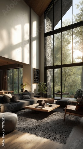 Bright and Spacious Living Room With Large Windows and Nature Views in a Modern Home