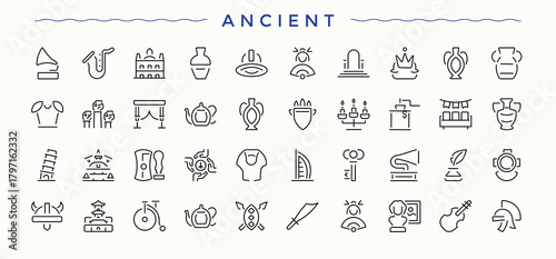 Ancient icon set. Mediaeval minimal icons set. Trendy minimal icons. Archaeology icon set. Pixel perfect. Editable stroke.