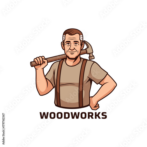 A smiling man, wearing suspenders, holding a hammer on his shoulder, ready to work