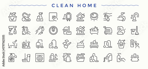 Clean Home related icon set. Featuring hygiene, sweep, clean, disinfect and more. Housekeeping icon set. Editable vector stroke.
