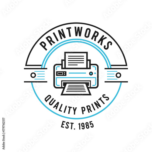 A circular graphic featuring a printer icon, surrounded by text in a stylized, modern design