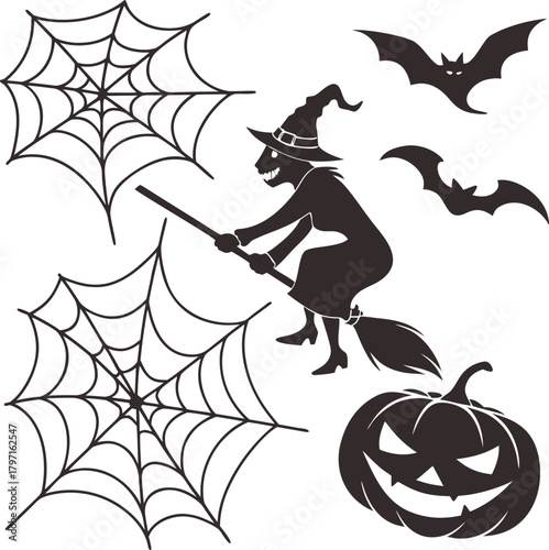 Silhouette of a witch flying on a broom with bats, spiderwebs, and pumpkin
