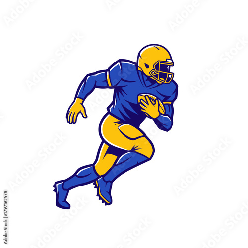 A stylized illustration features a football player in motion, poised with the ball ready to run forward