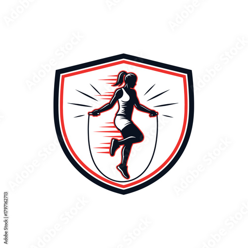 Silhouette of a woman jumping rope inside a crest-shaped emblem, with speed lines
