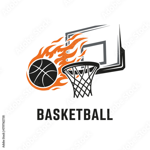 A graphic of a basketball on fire heading toward the hoop and net. The word "BASKETBALL" is below