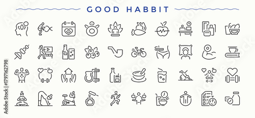 Good Habit line icon. Featuring fitness, exercise, style, life, health, fit and more. Thin outline icons pack. Life icon set. Pixel perfect. Vector illustration.
