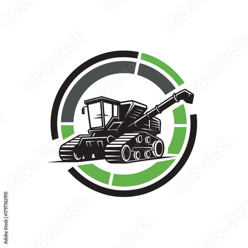 Stylized illustration of a heavy-duty combine harvester within a segmented circular frame