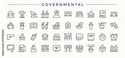 Governmental icon set. Election icon set. Contain linear sign government, political, referendum, polling, poll, politics and more. Pictogram and infographic.