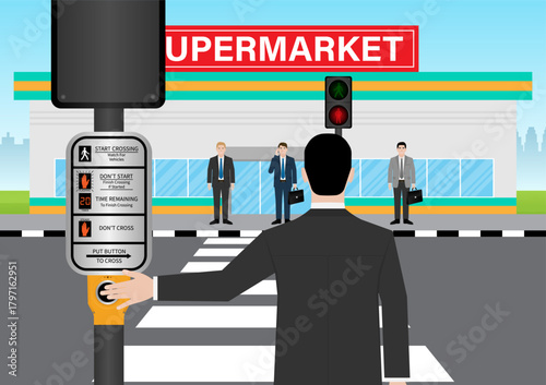 Businessman Pressing Crosswalk Button. Pedestrian Traffic Button. Vector Illustration.