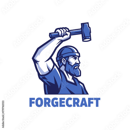 A burly man raises a hammer overhead. He's wearing a cap and shirt, with a thick beard