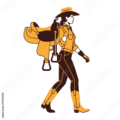 A woman in a western outfit walks, carrying a saddle over her shoulder